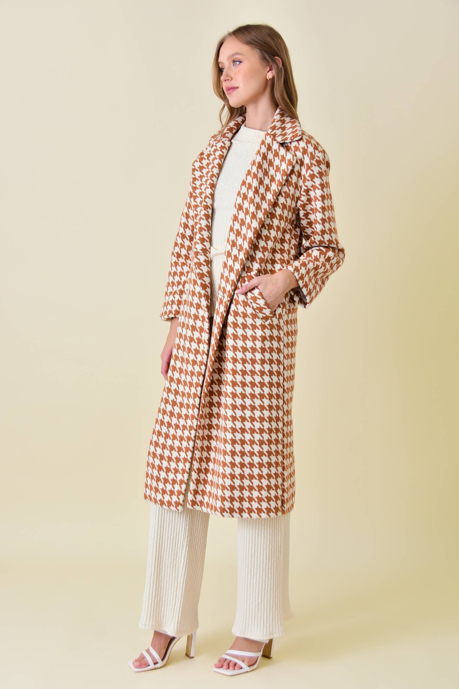 ELEGANT LONG SLEEVE HOUNDSTOOTH LONG COAT