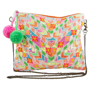Multicolored Sequined Arrow Women Clutch Bag with Pom Poms: Multicolored