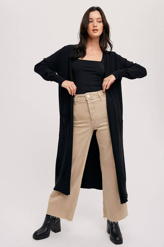 LONGLINE OPEN FRONT CARDIGAN: BLACK