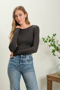 SOLID ROUND NECK LONG SLEEVE BODYSUIT: NAVY