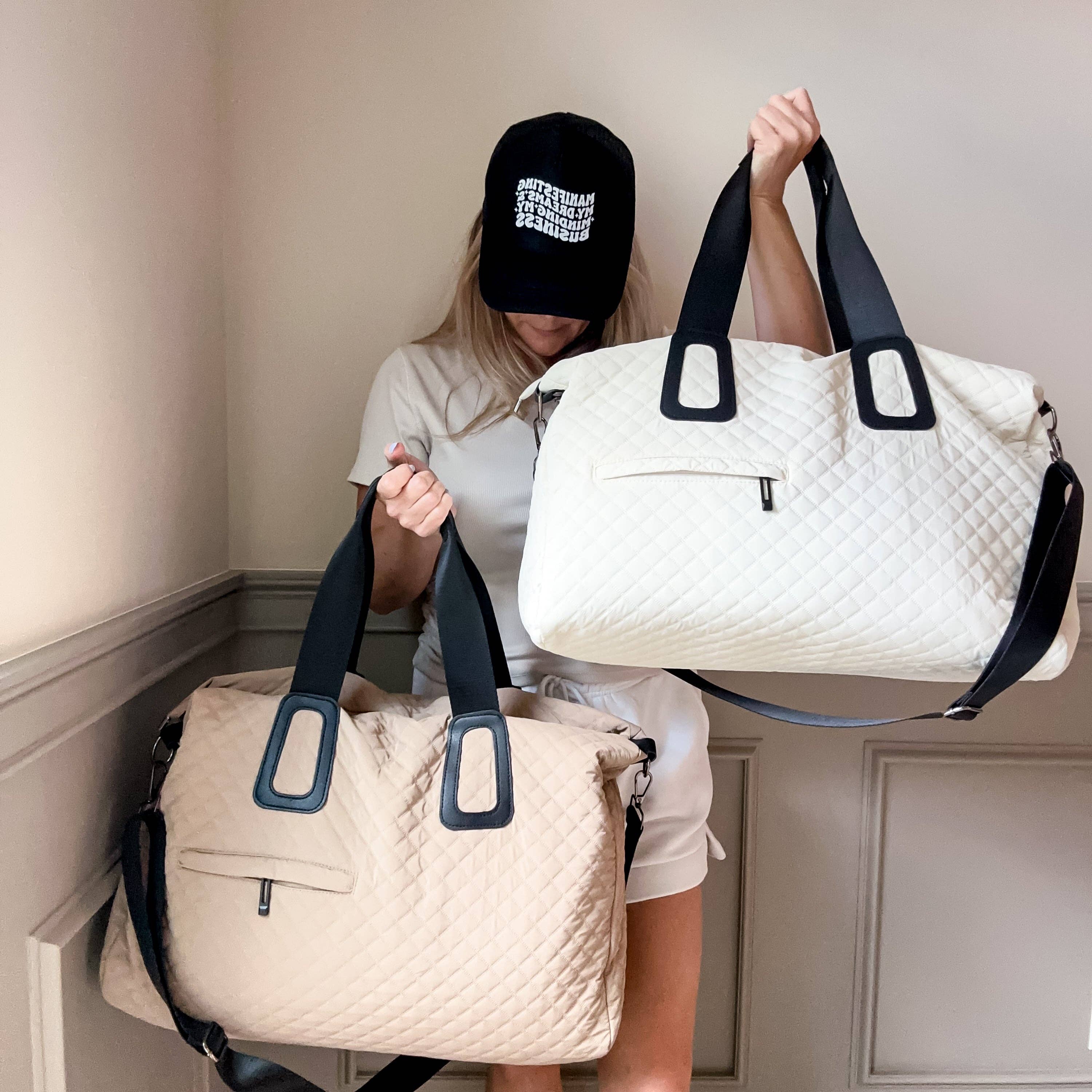 Quilted Weekender In Off White Or Beige: Off White