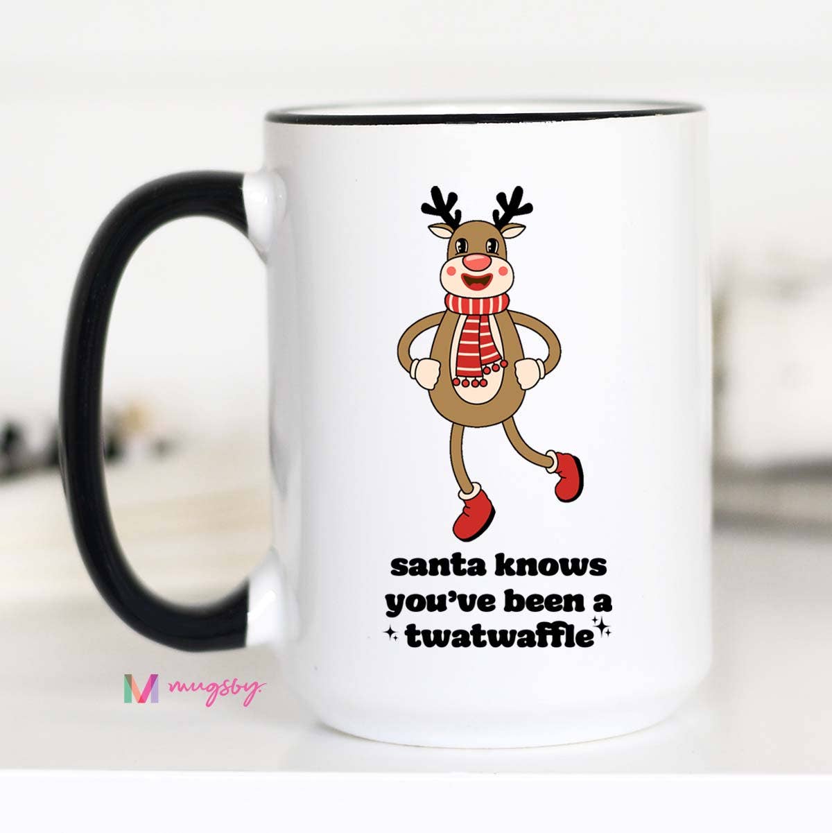 Santa Knows Retro Funny Christmas Coffee Mug, Reindeer: 11oz