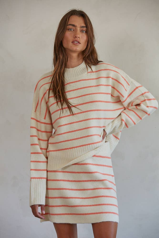 W1745 | Knit Sweater Mock Neck Long Sleeve Top: Cream Coral / S:M:L