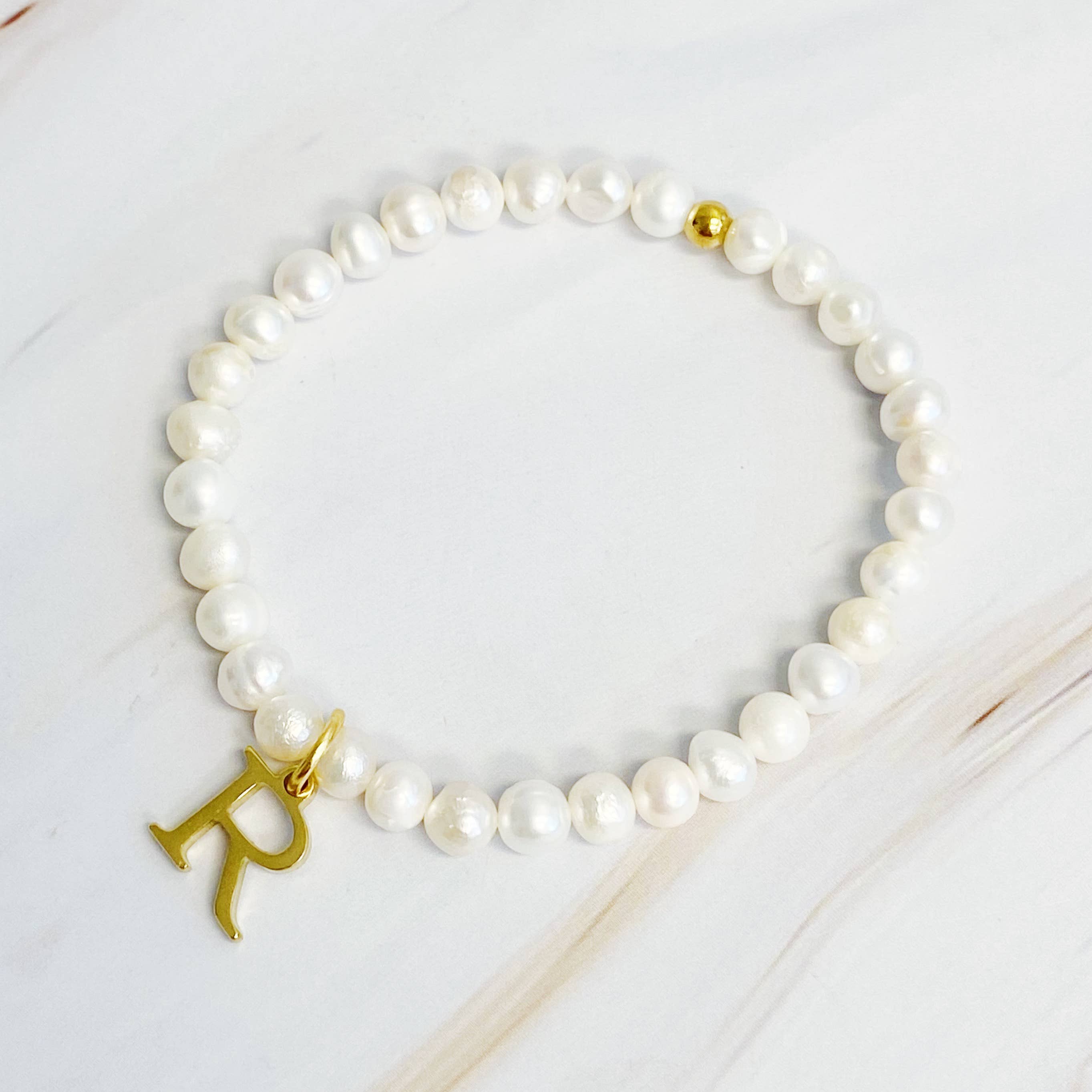 Freshwater Pearl Initial Charm Bracelet: R