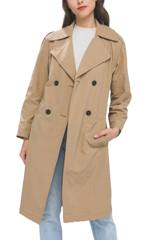 Long Button Up Trench Coat: S:M:L / KHAKI