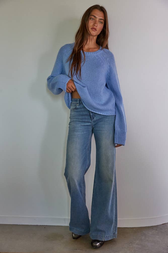 W1565 | Knit Acrylic Nylon Wool Alpaca Sweater Ribbed Detail: Dusty Blue / S:M:L