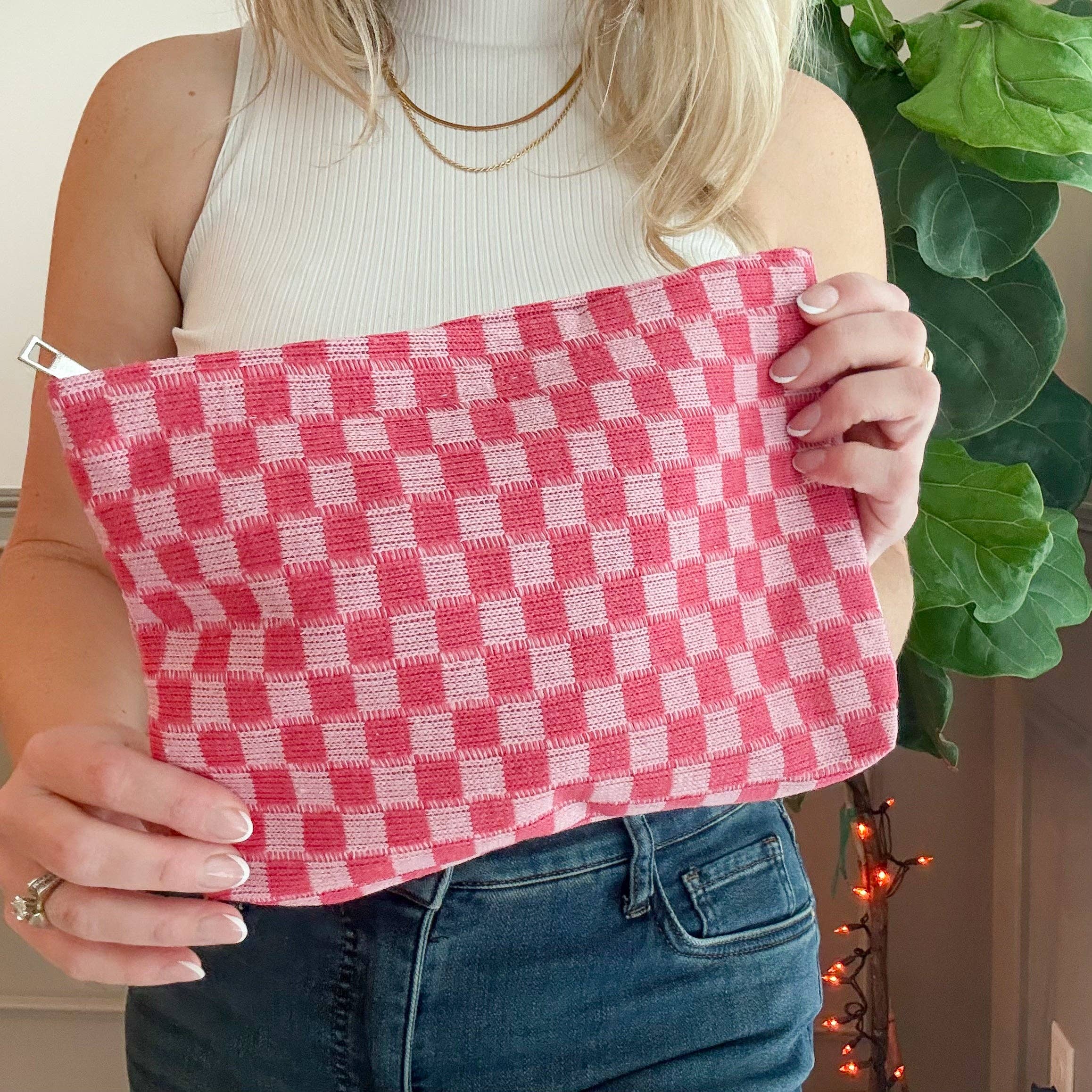 Medium Checkered Knit "Catch-All" Pouch in 5 Colors: Blue Check