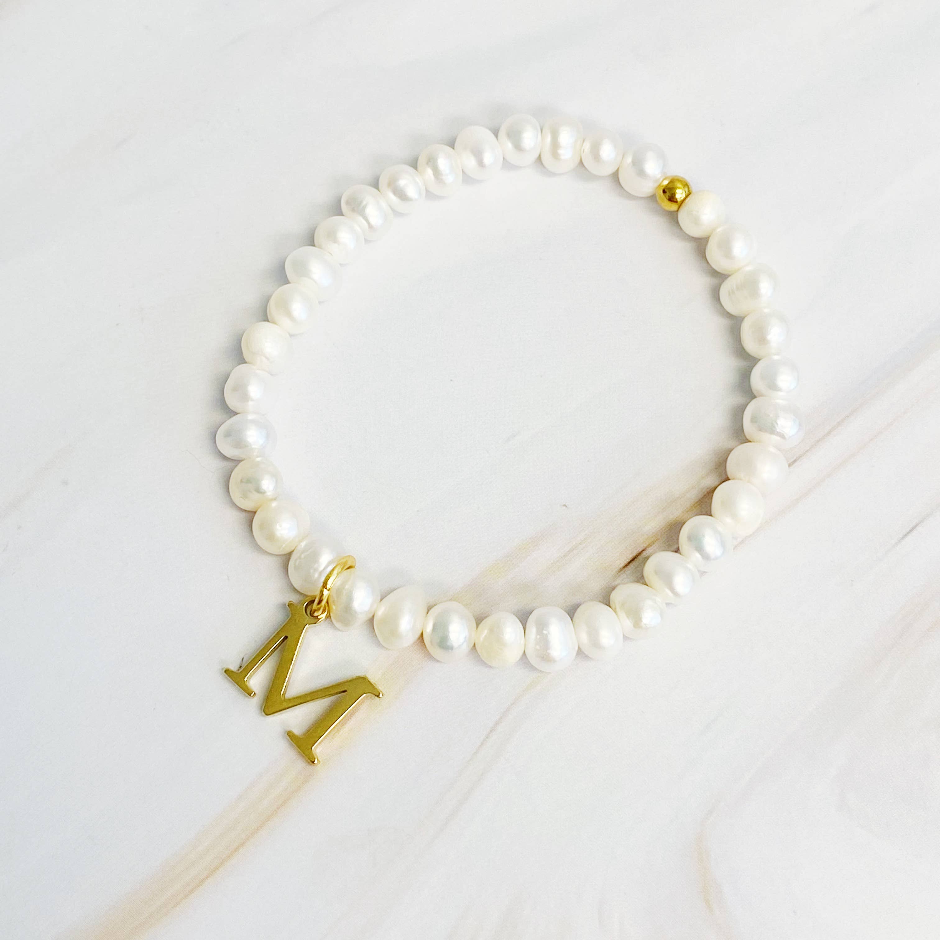 Freshwater Pearl Initial Charm Bracelet: D