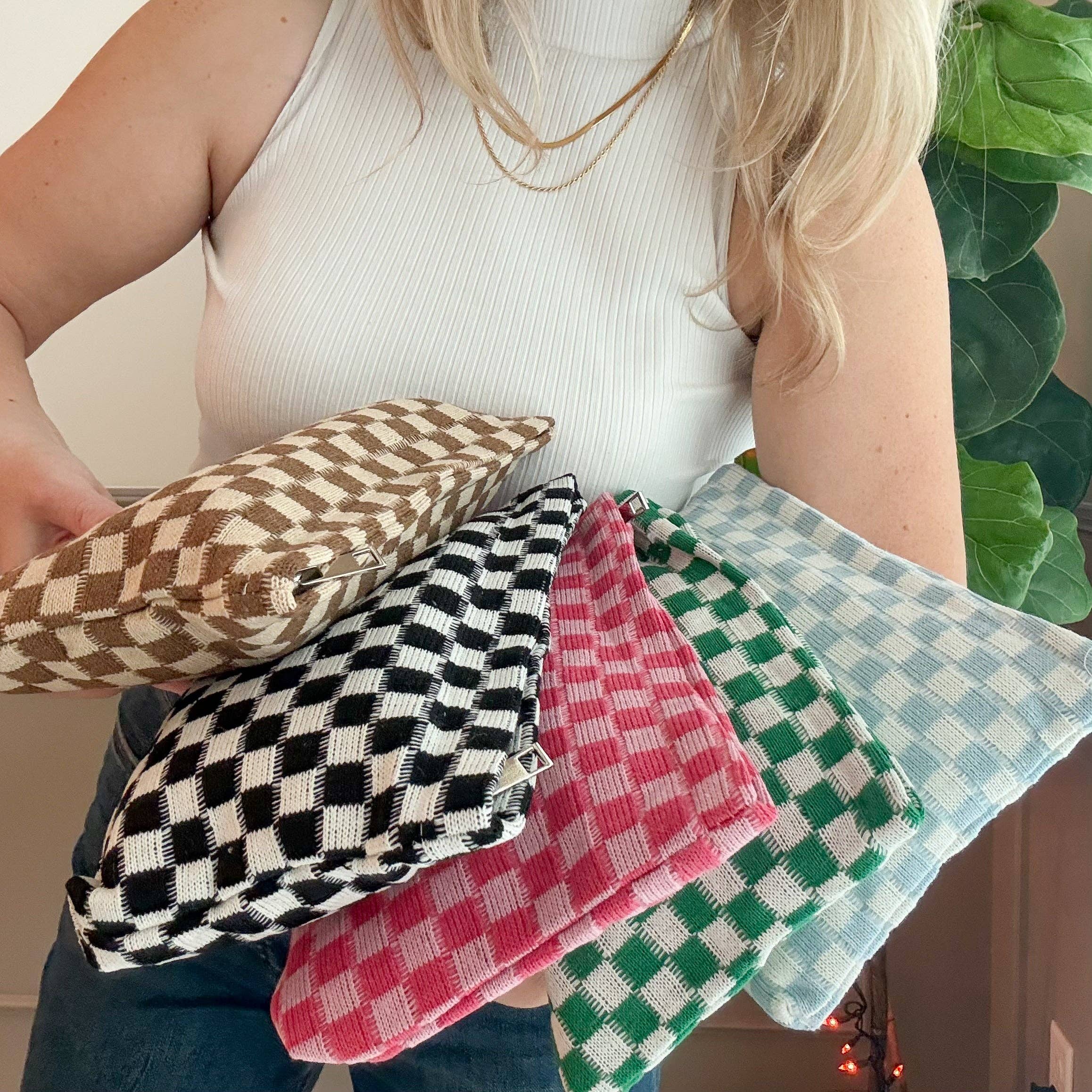 Medium Checkered Knit "Catch-All" Pouch in 5 Colors: Pink Check