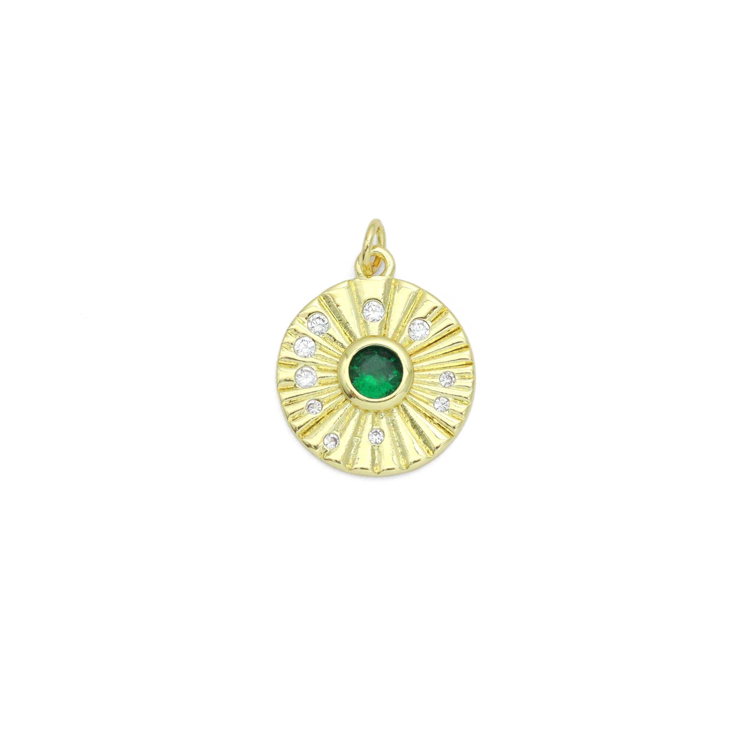 CZ Gold Radical Coin with Emerald Green Center Charm Pendant, Sku#LK1174