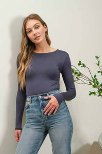 SOLID ROUND NECK LONG SLEEVE BODYSUIT: NAVY