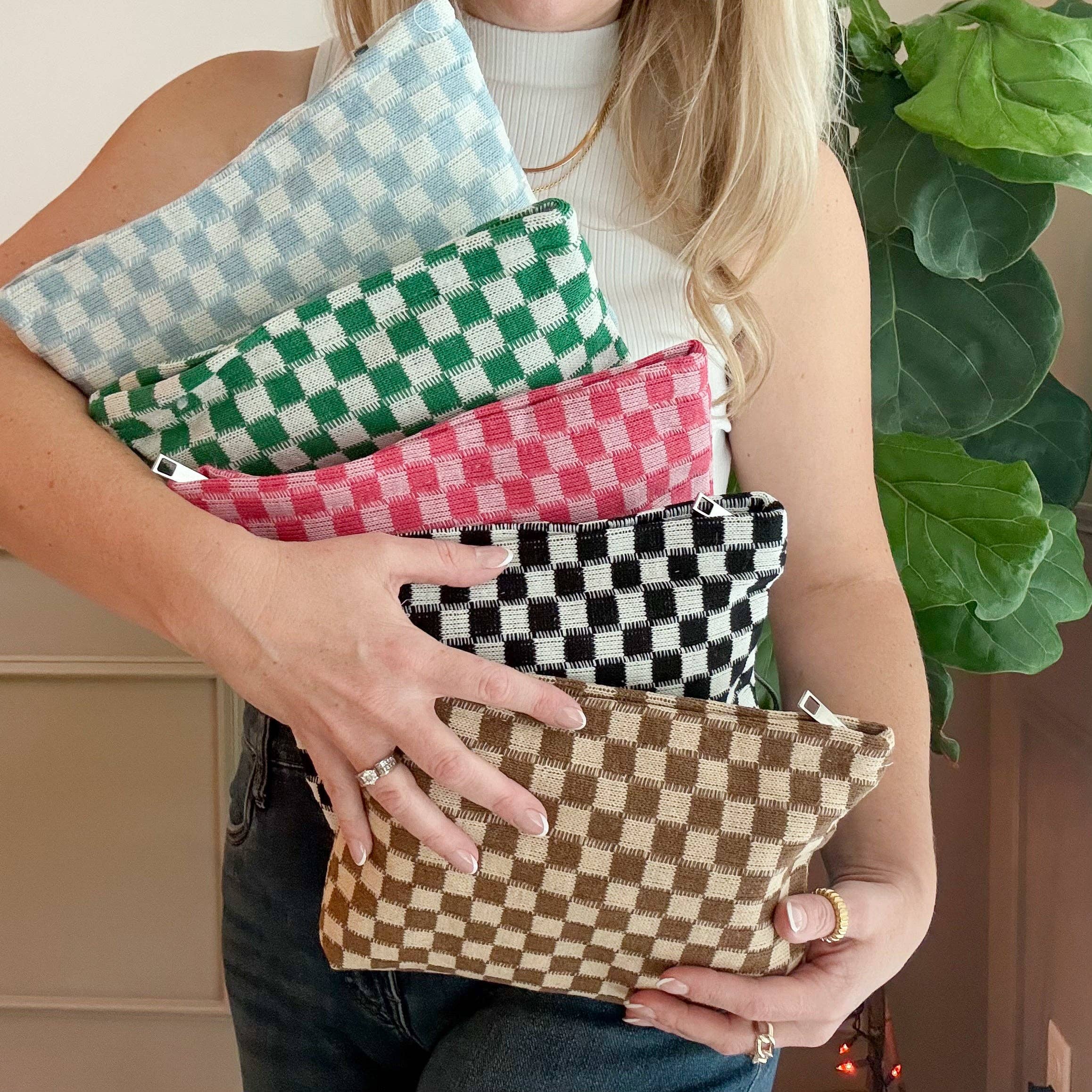 Medium Checkered Knit "Catch-All" Pouch in 5 Colors: Green Check