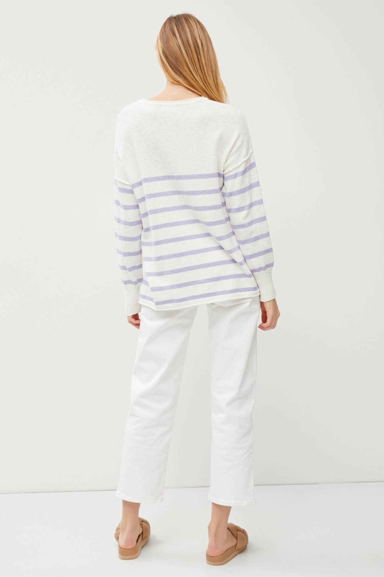 Alexis - EXPOSED SEAM SHOULDER STRIPED PULLOVER SWEATER
