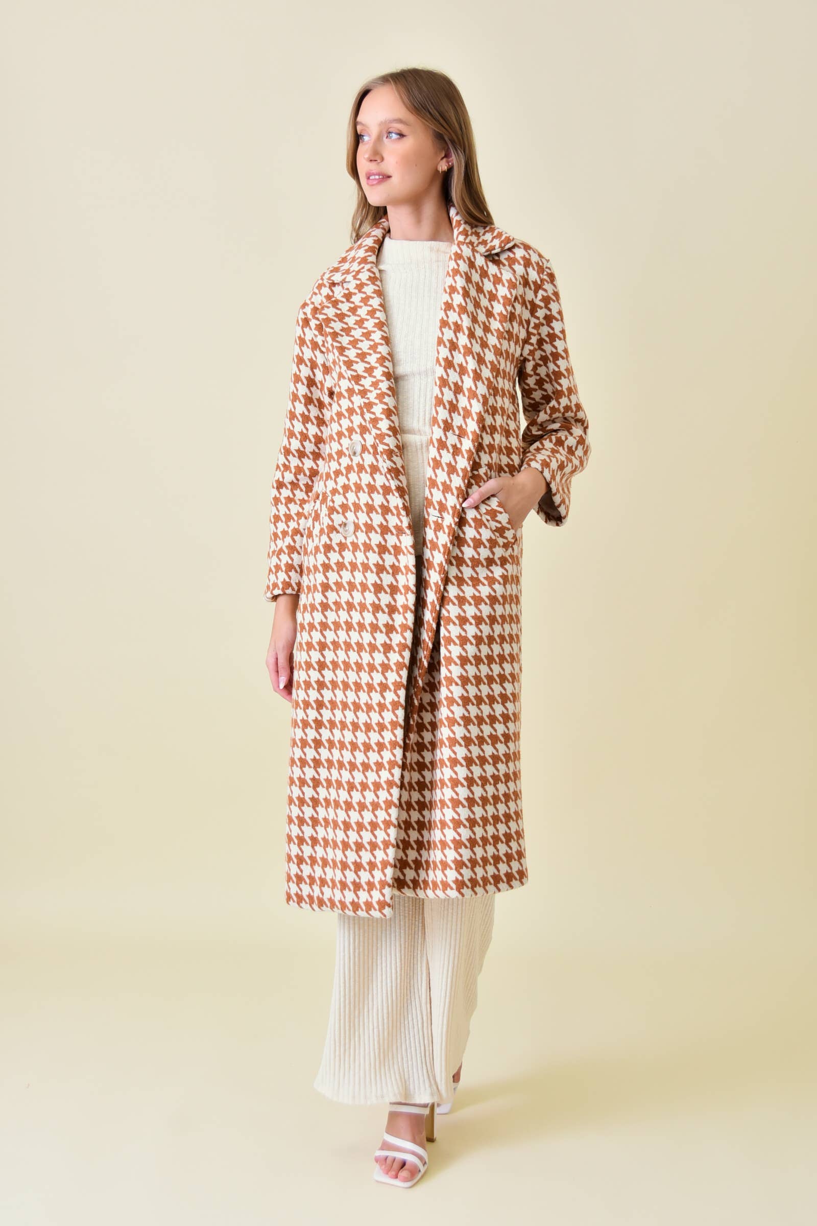 ELEGANT LONG SLEEVE HOUNDSTOOTH LONG COAT