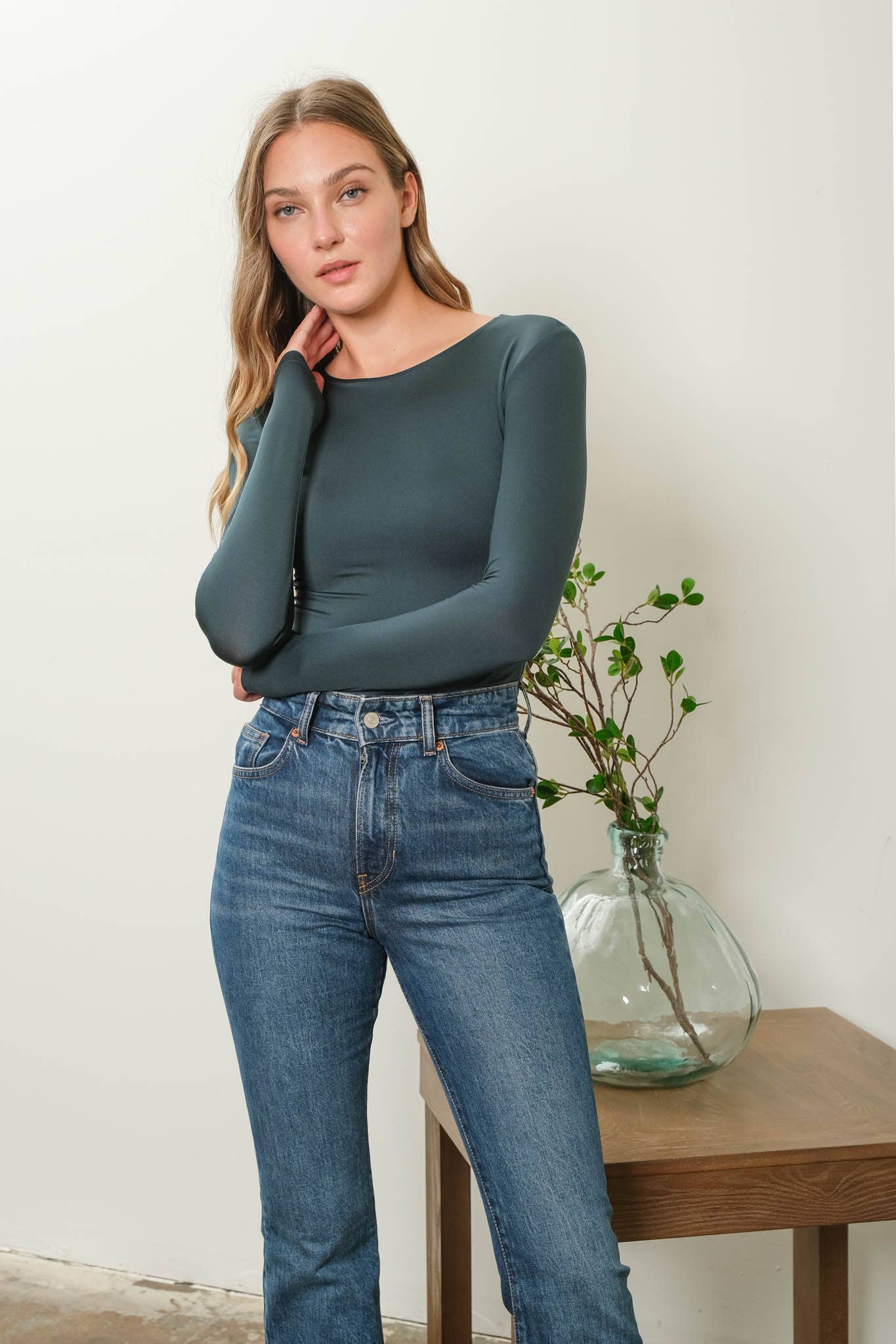 SOLID ROUND NECK LONG SLEEVE BODYSUIT: NAVY