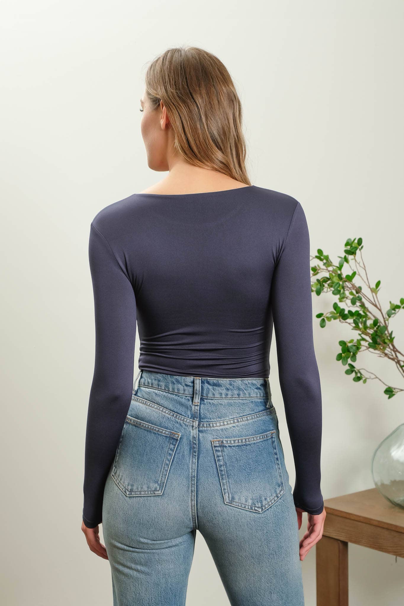 SOLID ROUND NECK LONG SLEEVE BODYSUIT: NAVY