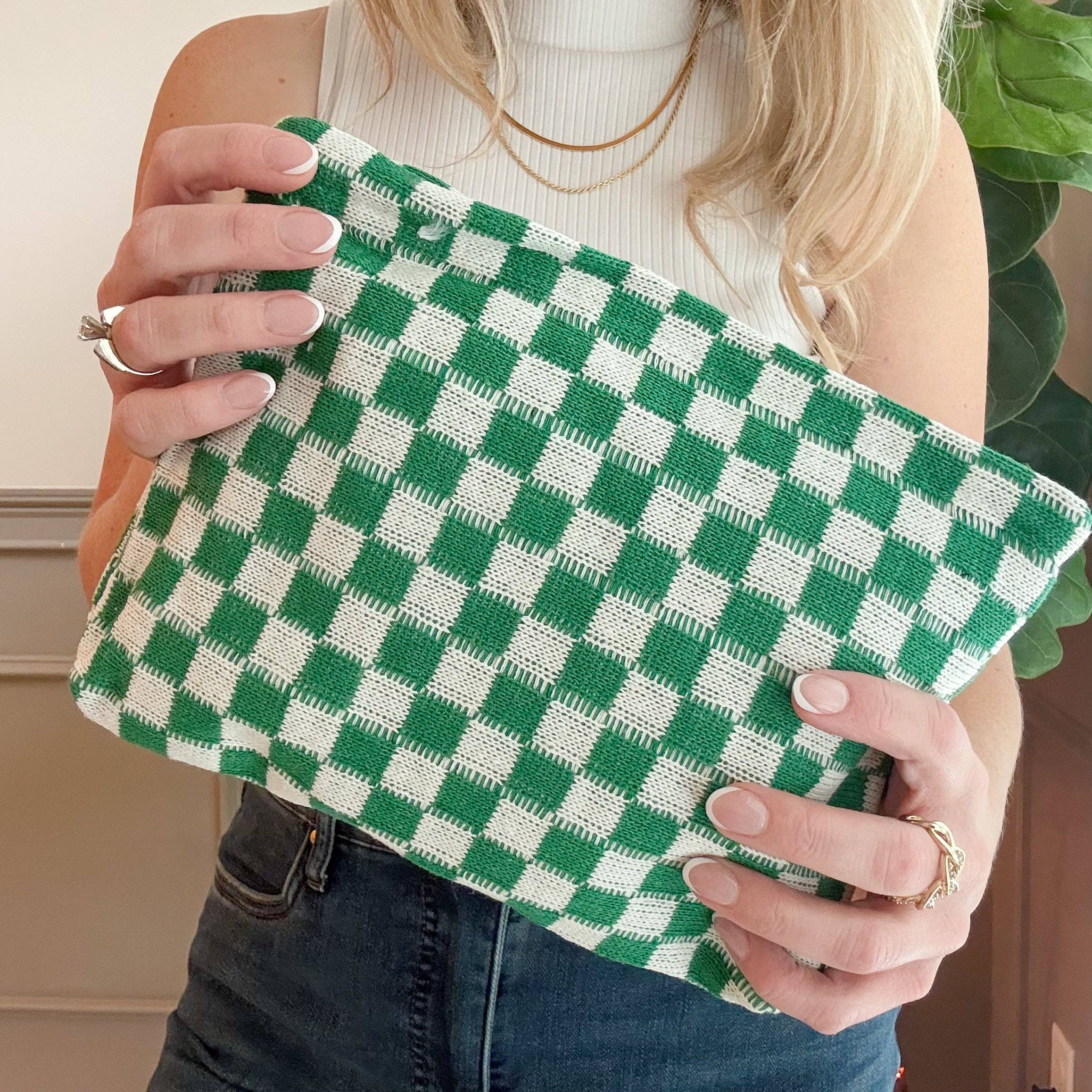 Medium Checkered Knit "Catch-All" Pouch in 5 Colors: Green Check