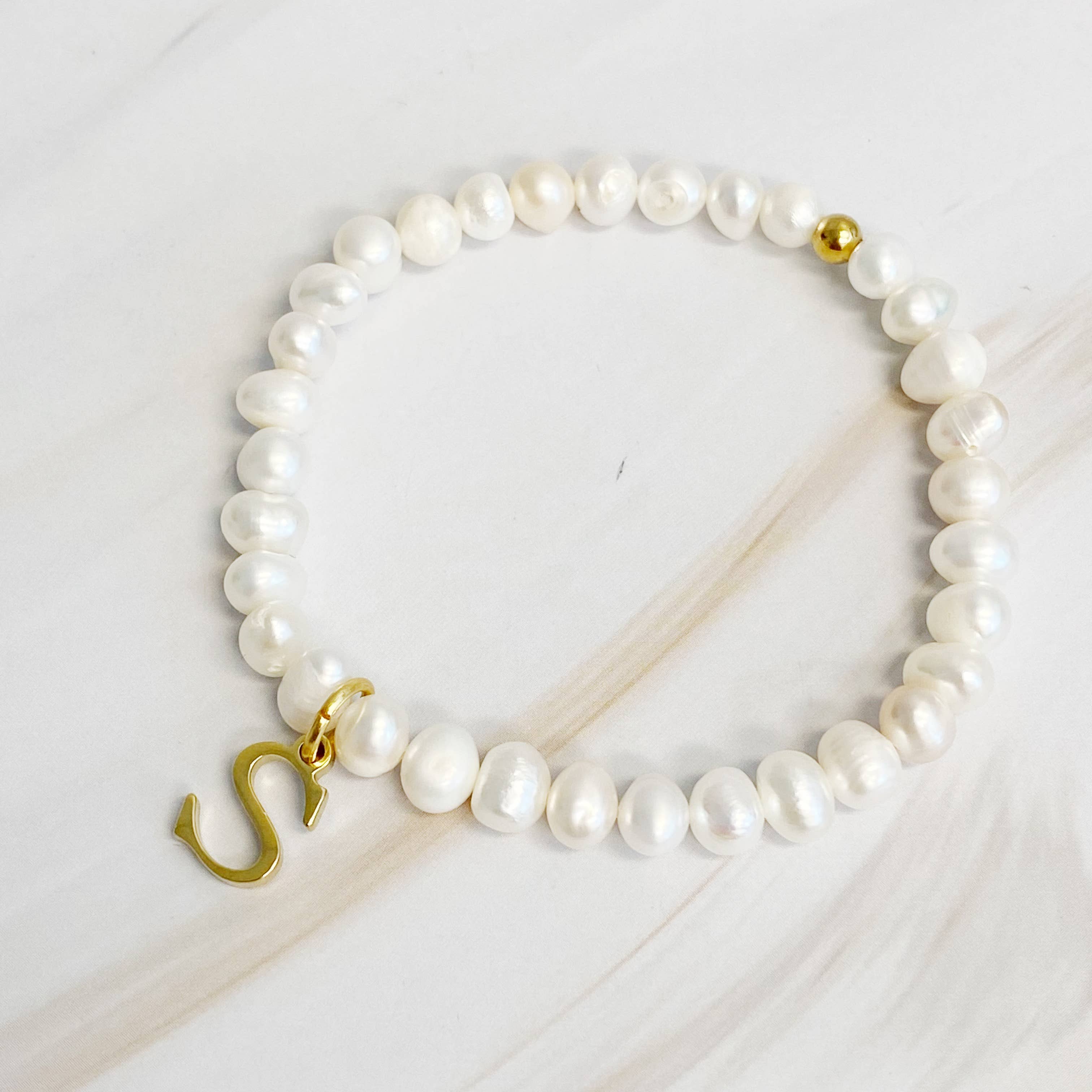 Freshwater Pearl Initial Charm Bracelet: R