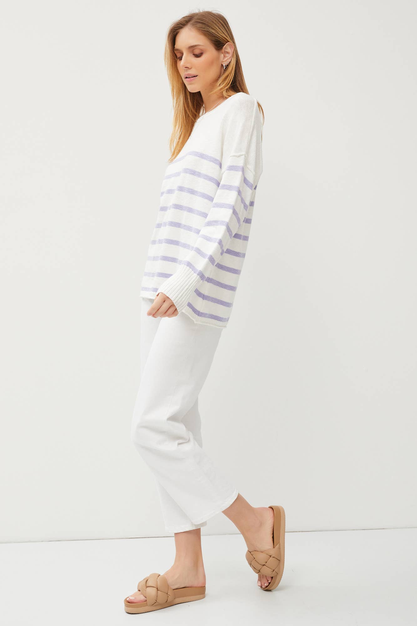 Alexis - EXPOSED SEAM SHOULDER STRIPED PULLOVER SWEATER
