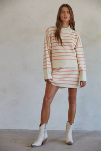 W1745 | Knit Sweater Mock Neck Long Sleeve Top: Cream Coral / S:M:L