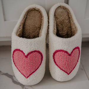 Pink/Red Heart Fuzzy Slippers: S/M