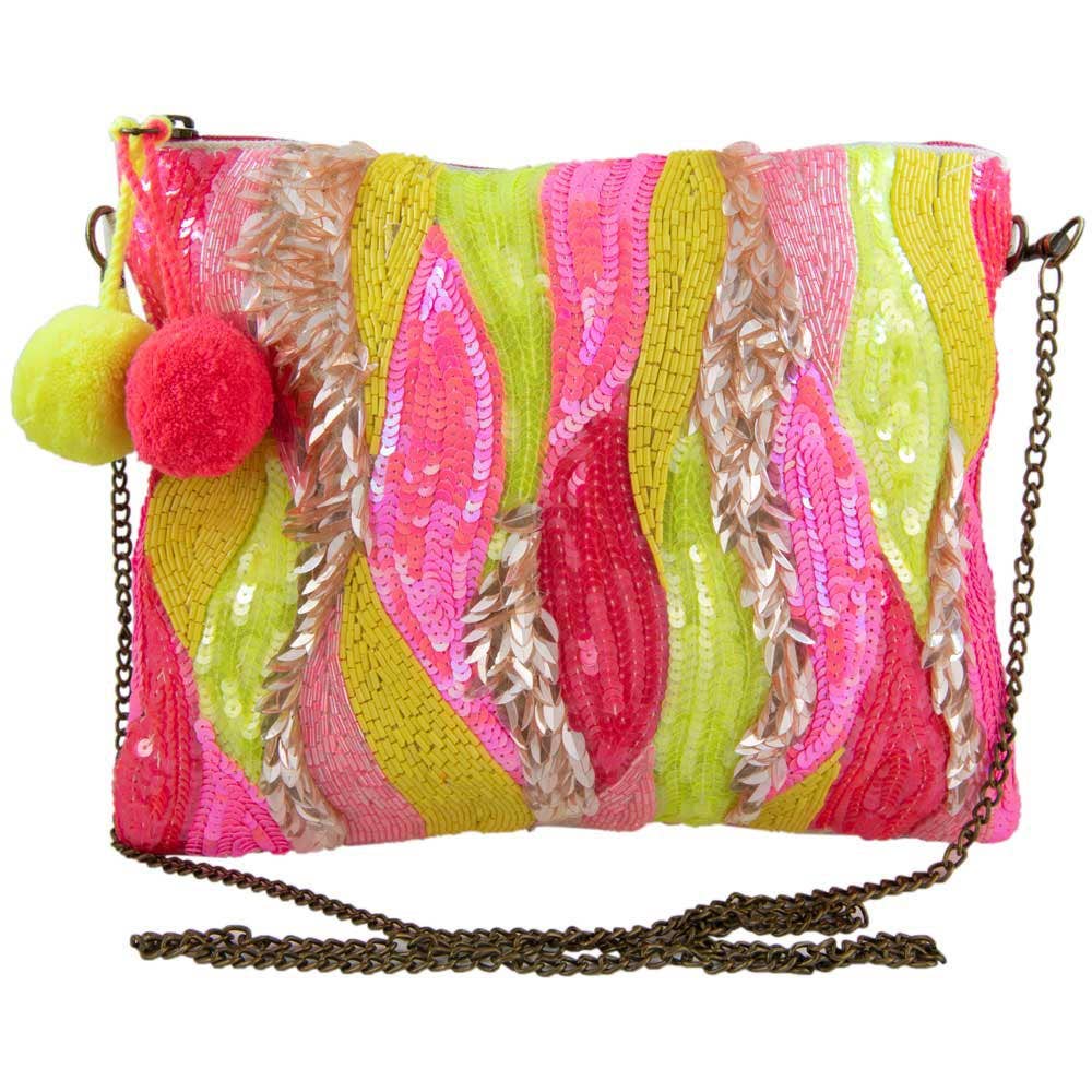 Pink Red Swirls Sequined Small Clutch Bags with Pom Poms: Multicolored